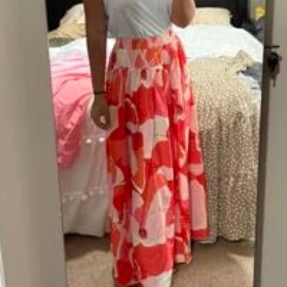 Boho Floral Tropical Maxi Skirt Vacation RED - Picture 7 of 9
